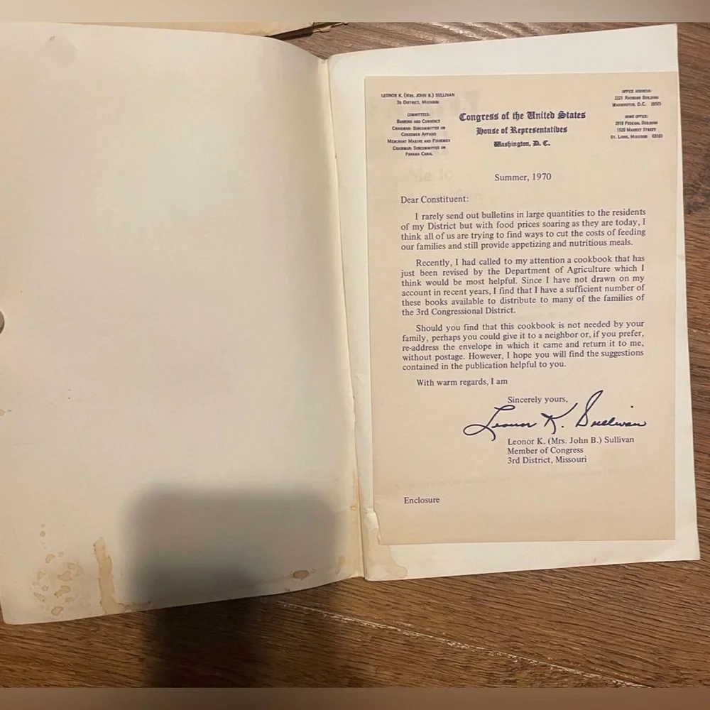 Vintage usda nutrition cookbook save money w/ original letter from Congress